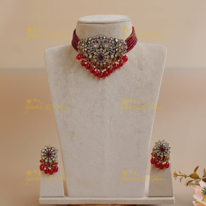 Statement Peacock floral design Victorian AD choker with multi layer red beads and stones - red - Sparkle and Glow - Red - Back Thread