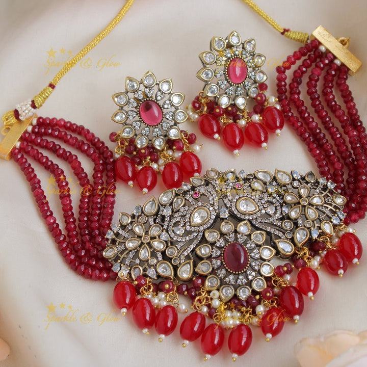 Statement Peacock floral design Victorian AD choker with multi layer red beads and stones - red - Sparkle and Glow - Grey - Back Thread