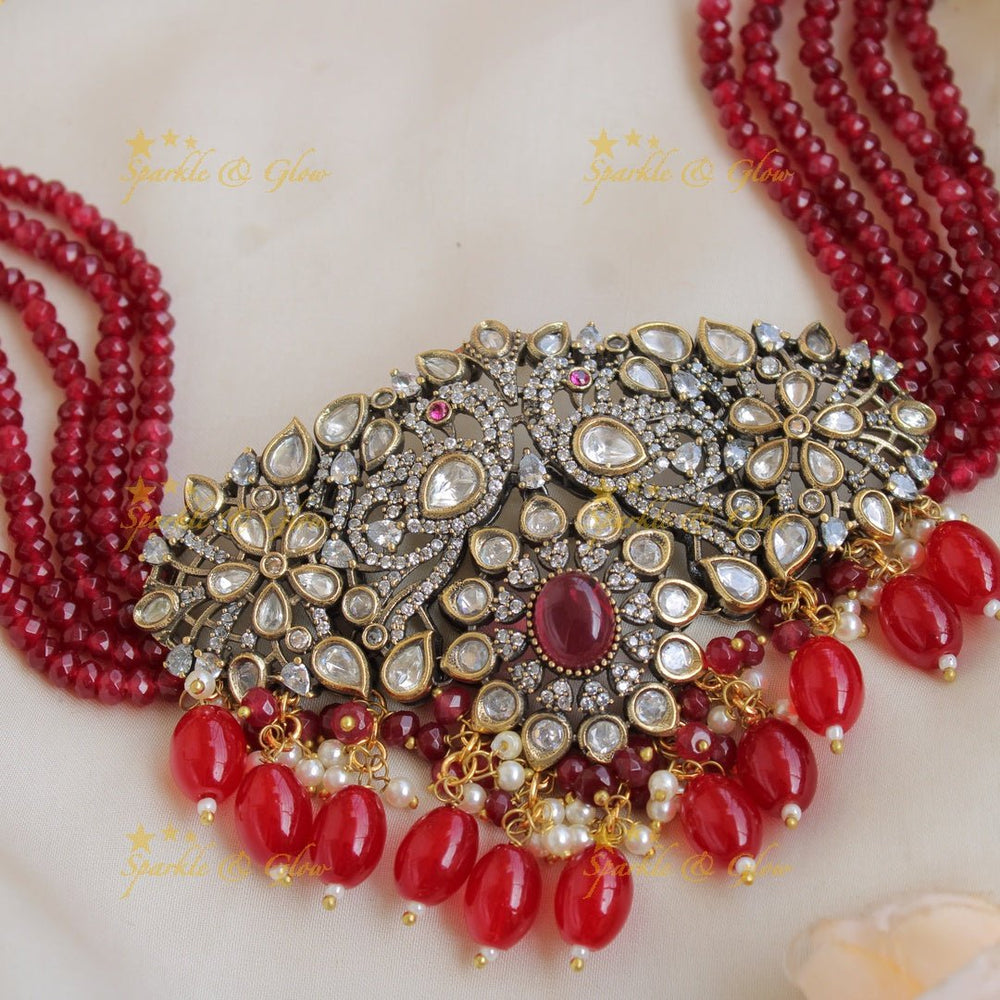 Statement Peacock floral design Victorian AD choker with multi layer red beads and stones - red - Sparkle and Glow - Red - Back Thread
