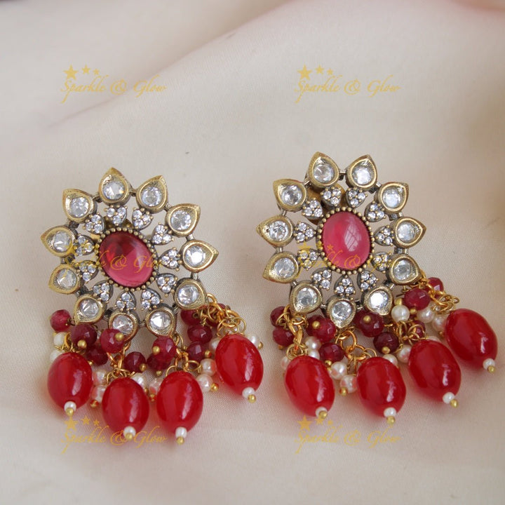 Statement Peacock floral design Victorian AD choker with multi layer red beads and stones - red - Sparkle and Glow - Grey - Back Thread