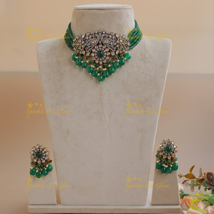 Statement Peacock floral design Victorian AD choker with multi layer red beads and stones - red - Sparkle and Glow - Blue - Back Thread