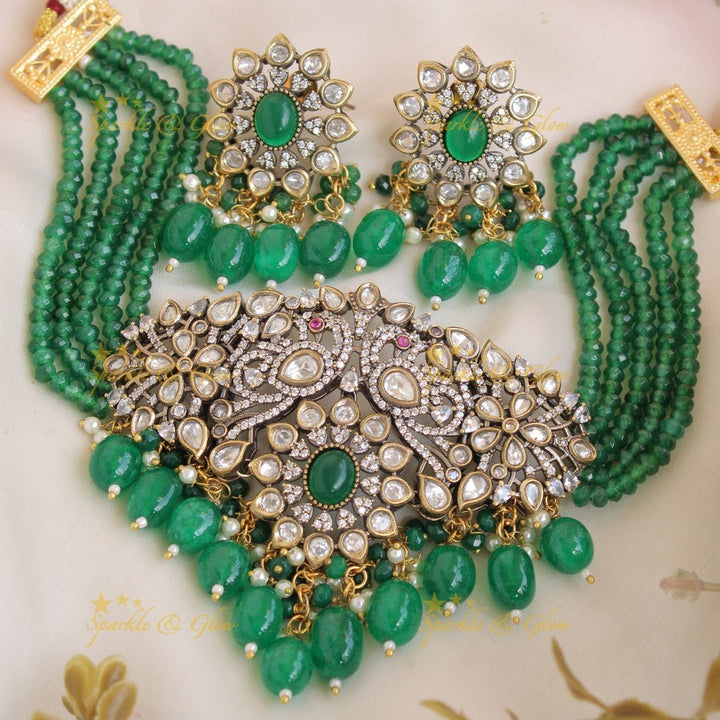 Statement Peacock floral design Victorian AD choker with multi layer red beads and stones - red - Sparkle and Glow - Green - Back Thread