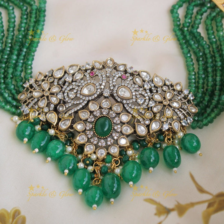 Statement Peacock floral design Victorian AD choker with multi layer red beads and stones - red - Sparkle and Glow - Blue - Back Thread