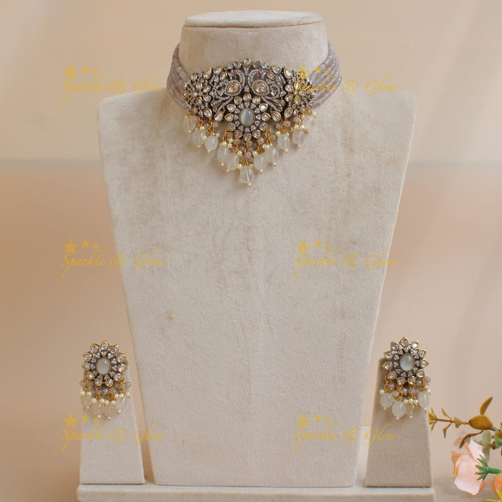 Statement Peacock floral design Victorian AD choker with multi layer red beads and stones - red - Sparkle and Glow - Grey - Back Thread
