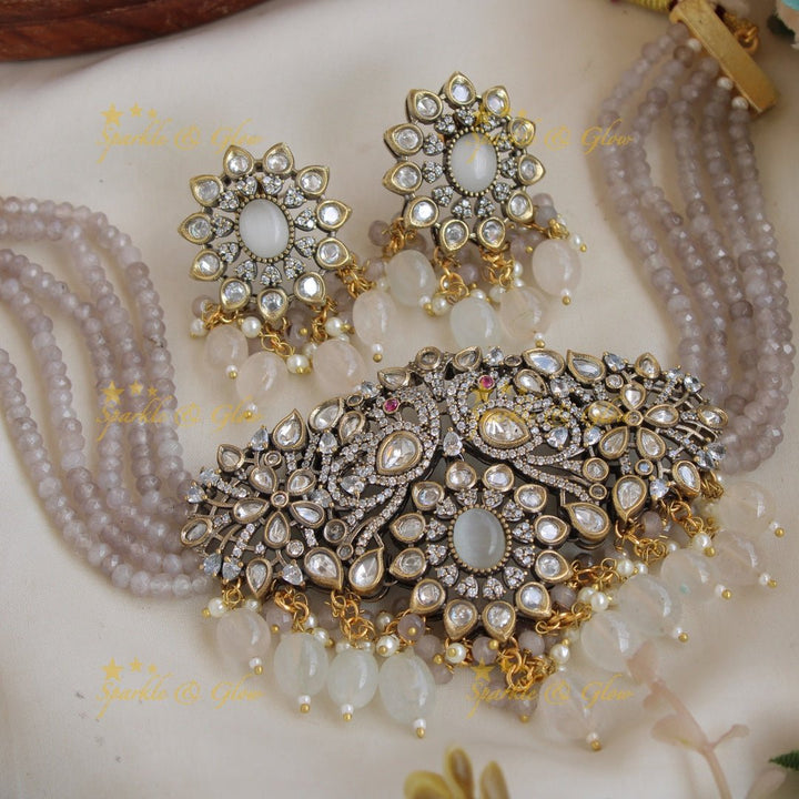 Statement Peacock floral design Victorian AD choker with multi layer red beads and stones - red - Sparkle and Glow - Grey - Back Thread