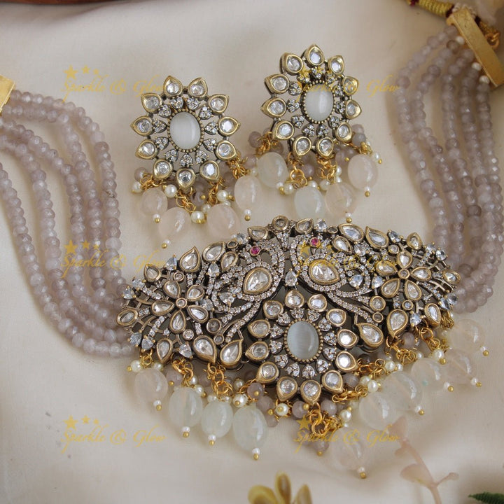 Statement Peacock floral design Victorian AD choker with multi layer red beads and stones - red - Sparkle and Glow - Grey - Back Thread