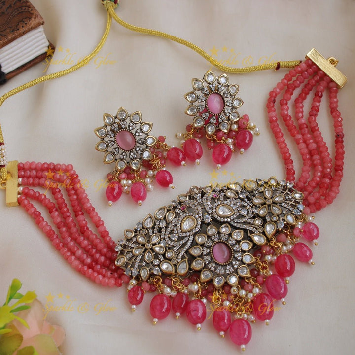 Statement Peacock floral design Victorian AD choker with multi layer red beads and stones - red - Sparkle and Glow - Pink - Back Thread