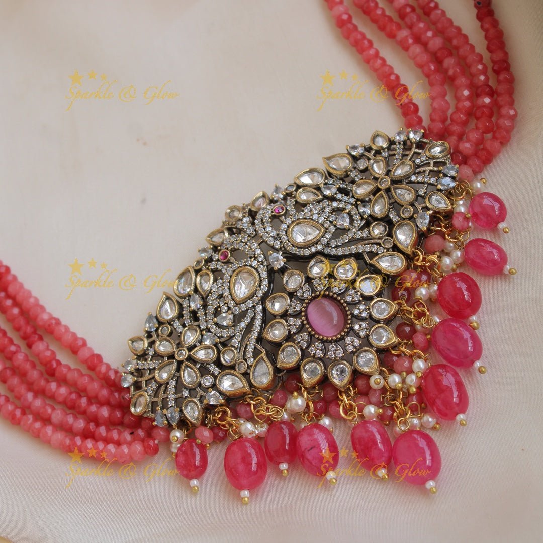 Statement Peacock floral design Victorian AD choker with multi layer red beads and stones - red - Sparkle and Glow - Blue - Back Thread