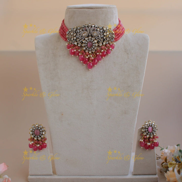Statement Peacock floral design Victorian AD choker with multi layer red beads and stones - red - Sparkle and Glow - Red - Back Thread