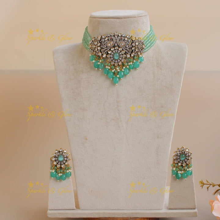 Statement Peacock floral design Victorian AD choker with multi layer red beads and stones - red - Sparkle and Glow - Seablue - Back Thread