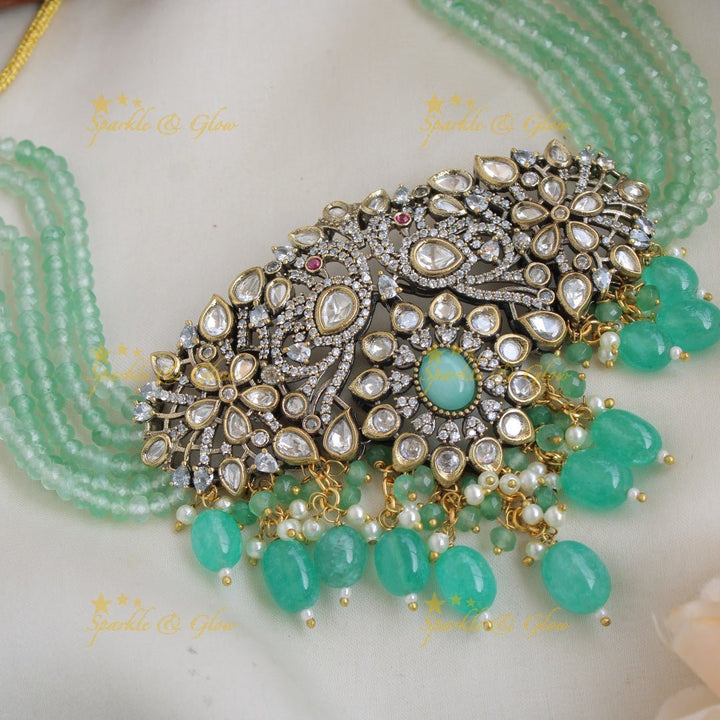 Statement Peacock floral design Victorian AD choker with multi layer red beads and stones - red - Sparkle and Glow - Seablue - Back Thread