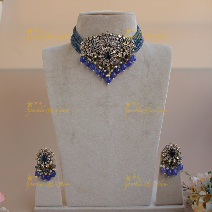 Statement Peacock floral design Victorian AD choker with multi layer red beads and stones - red - Sparkle and Glow - Pink - Back Thread