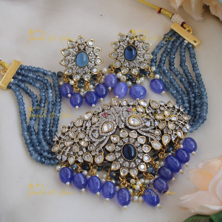Statement Peacock floral design Victorian AD choker with multi layer red beads and stones - red - Sparkle and Glow - Blue - Back Thread