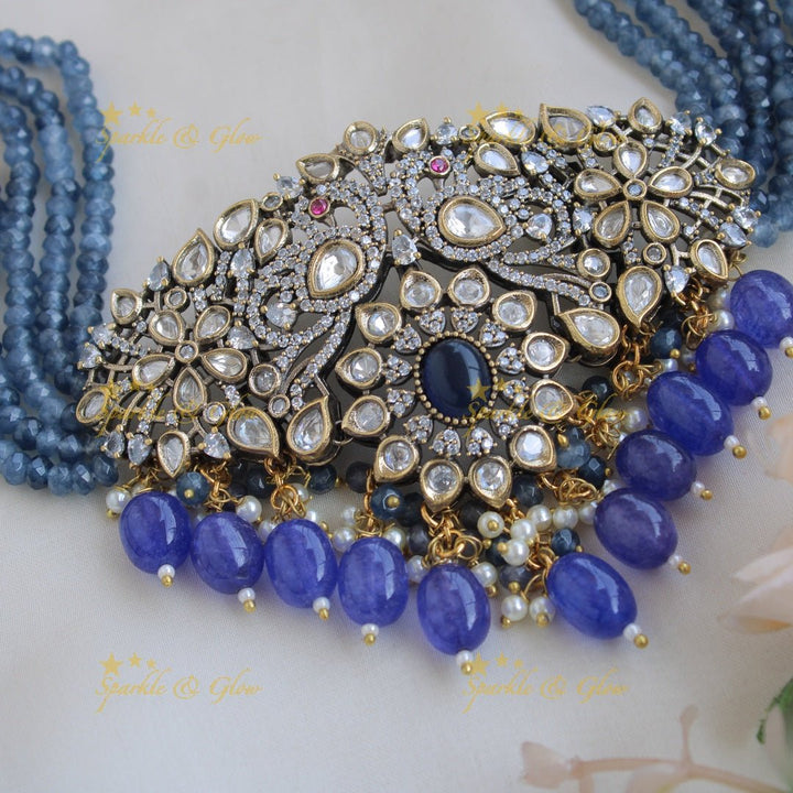 Statement Peacock floral design Victorian AD choker with multi layer red beads and stones - red - Sparkle and Glow - Red - Back Thread