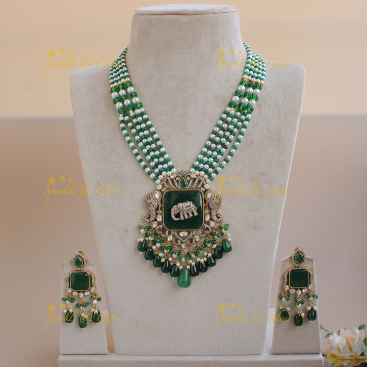 Gorgeous Elephant carved Victorian AD haram with emerald with multi layer pearl and green beads chain