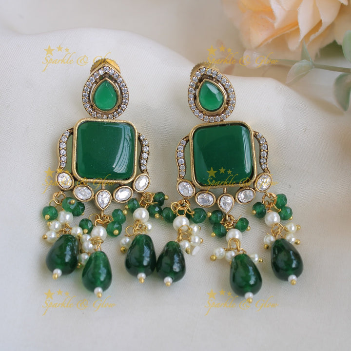 Gorgeous Elephant carved Victorian AD haram with emerald with multi layer pearl and green beads chain
