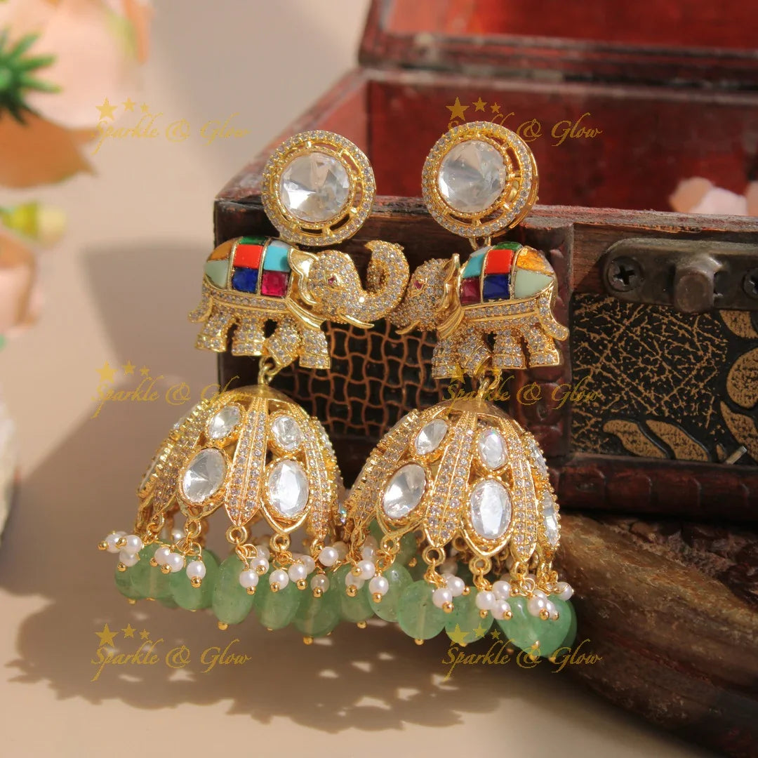 Victorian AD Elephant Jhumka Earrings with Mint Green Beads