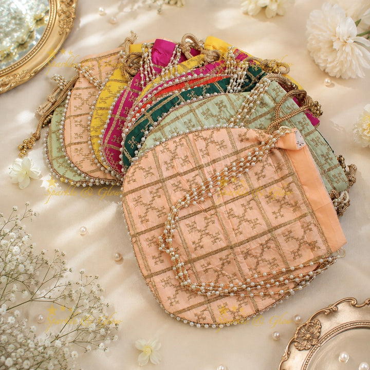Gold Embroidered 8x8" Potli Bags with Pearls for Weddings- Set of 10pcs