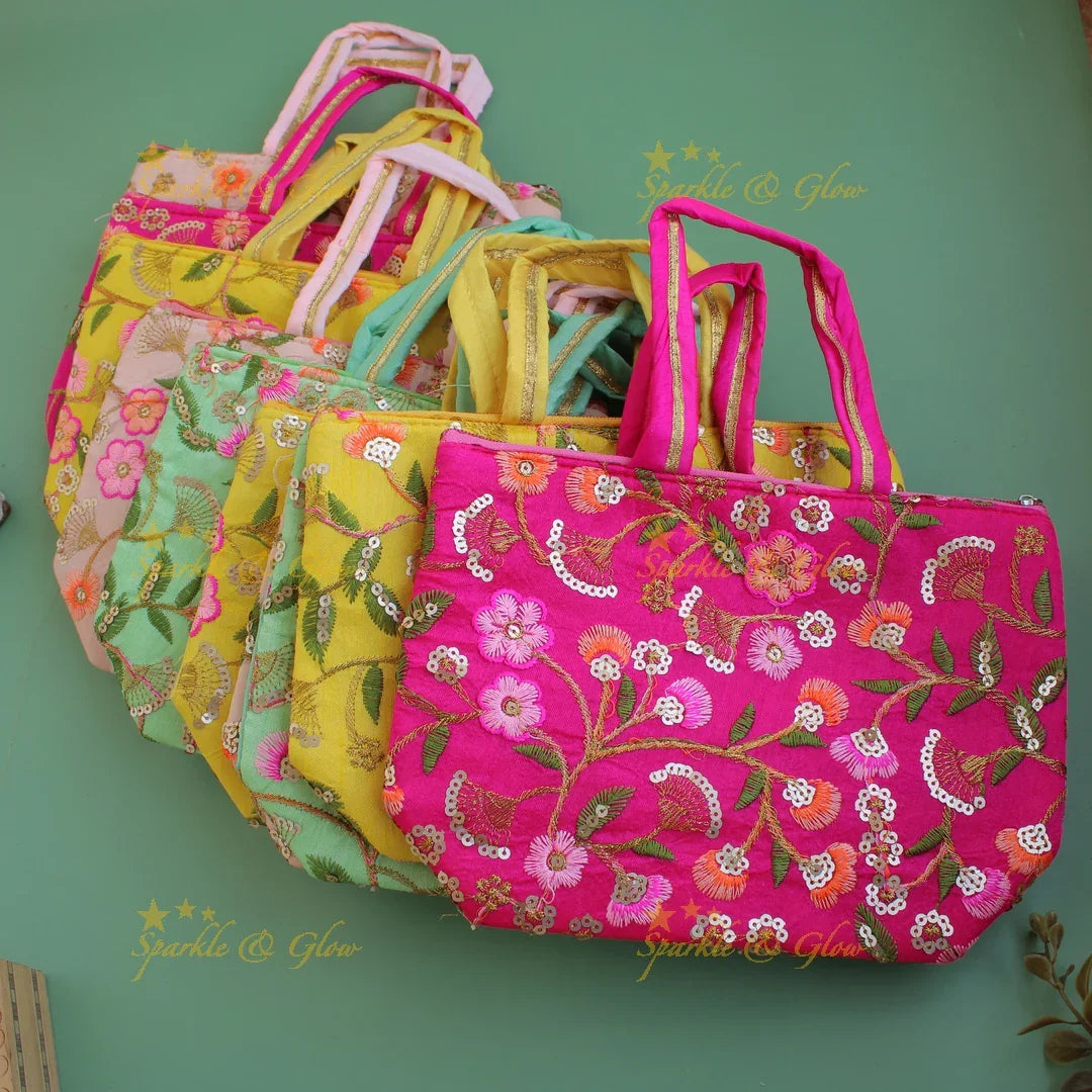 Floral Embroidered and sequence work 7*9 inch bag type return gifts - Sparkle and Glow