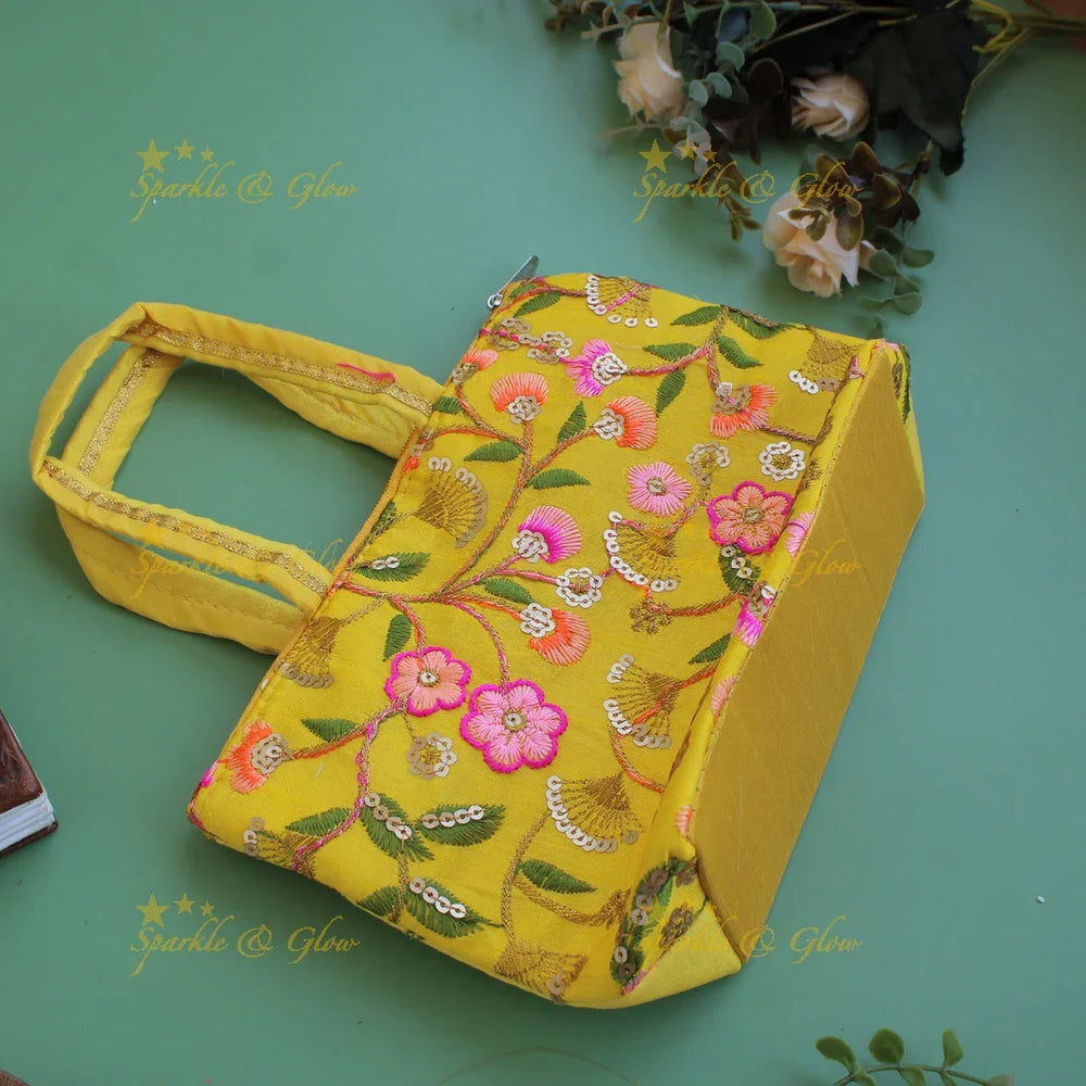 Floral Embroidered and sequence work 7*9 inch bag type return gifts - Sparkle and Glow