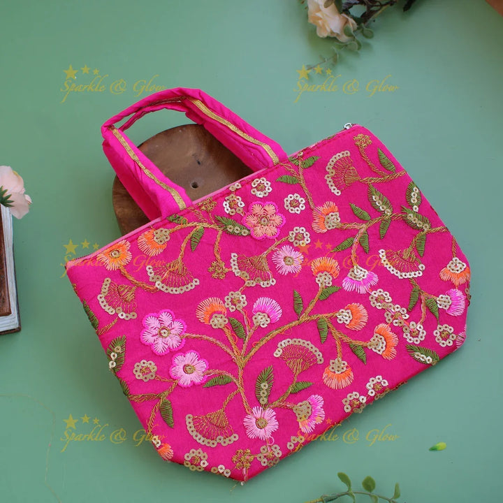 Floral Embroidered and sequence work 7*9 inch bag type return gifts - Sparkle and Glow