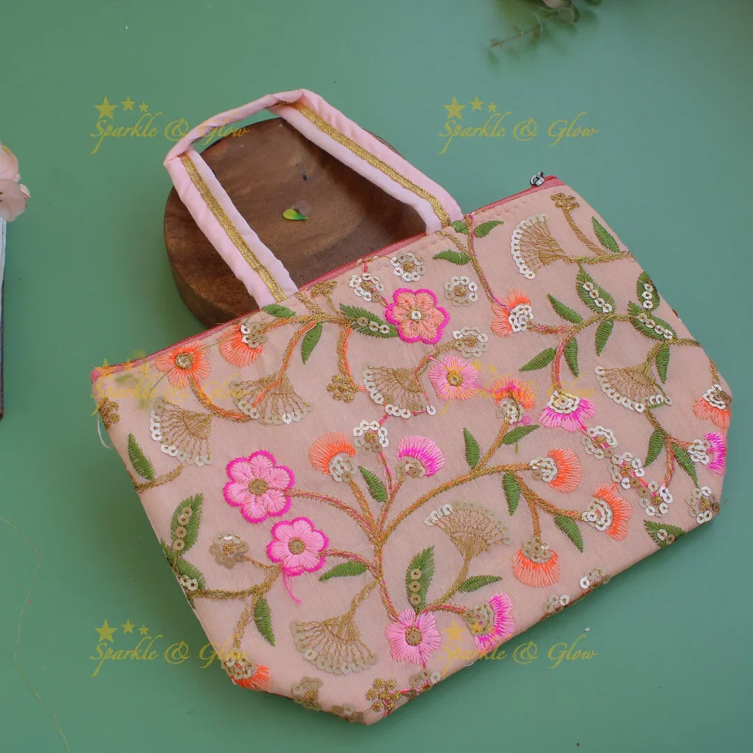 Floral Embroidered and sequence work 7*9 inch bag type return gifts - Sparkle and Glow