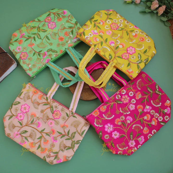 Floral Embroidered and sequence work 7*9 inch bag type return gifts - Sparkle and Glow