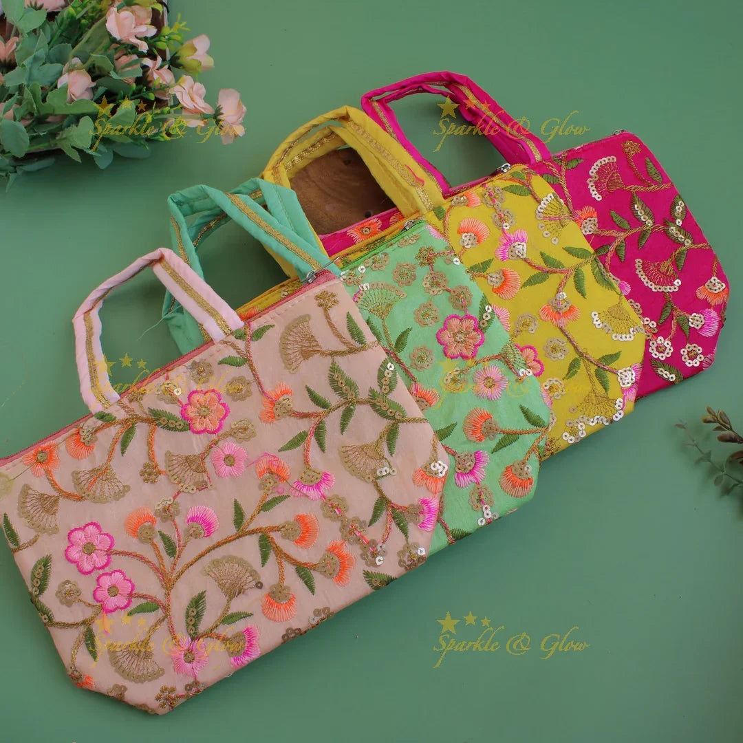 Floral Embroidered and sequence work 7*9 inch bag type return gifts - Sparkle and Glow