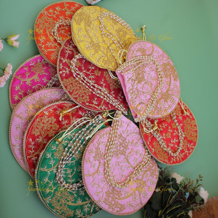Two side gold and white Embroidered 8*8 inch potli bags with pearls