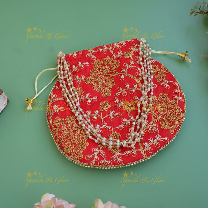 Two side gold and white Embroidered 8*8 inch potli bags with pearls