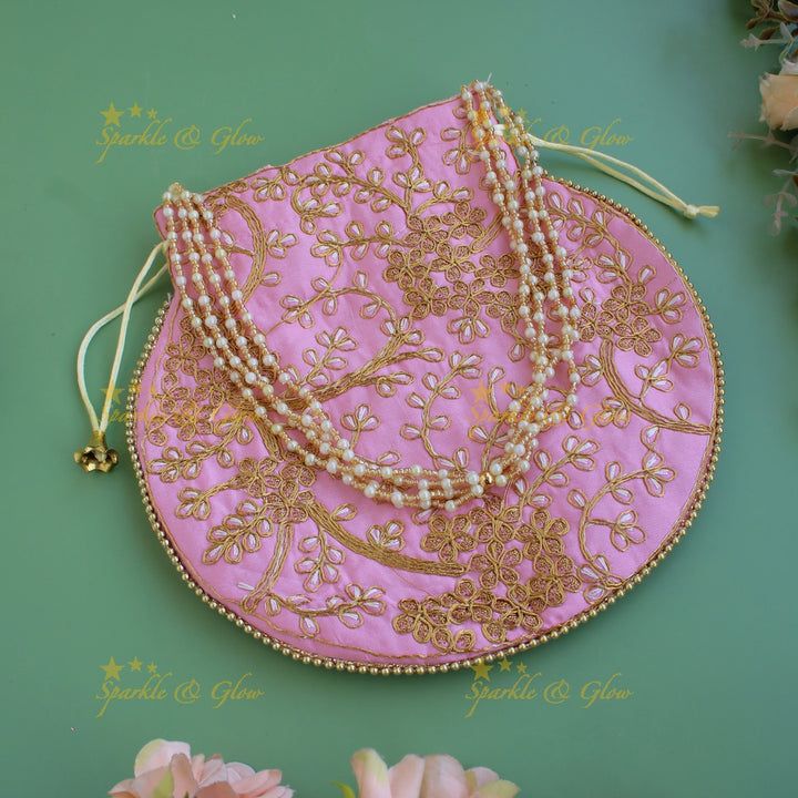 Two side gold and white Embroidered 8*8 inch potli bags with pearls