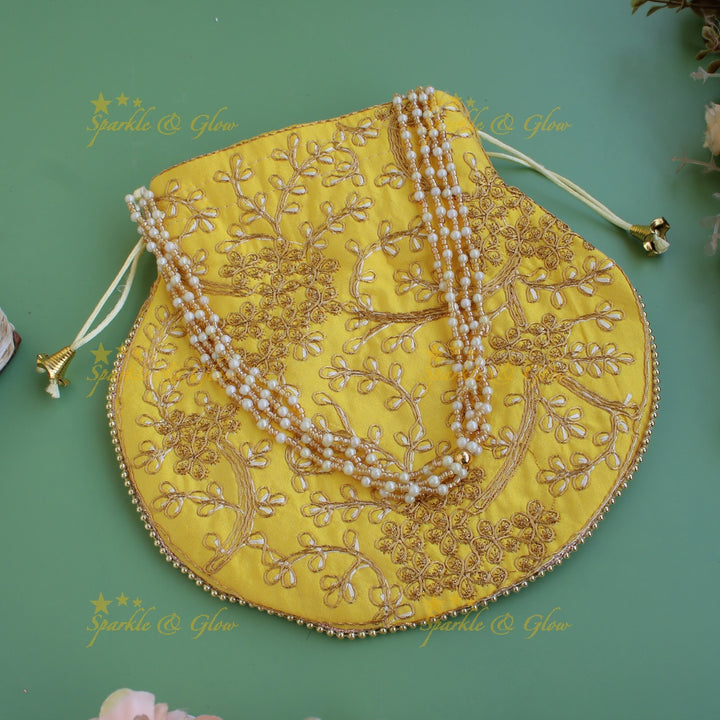 Two side gold and white Embroidered 8*8 inch potli bags with pearls