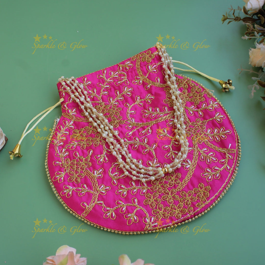 Two side gold and white Embroidered 8*8 inch potli bags with pearls