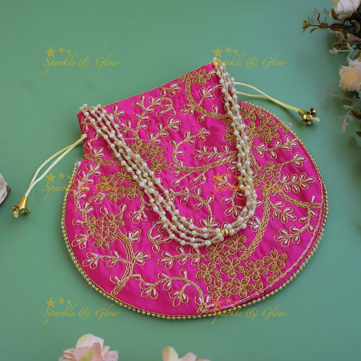Two side gold and white Embroidered 8*8 inch potli bags with pearls