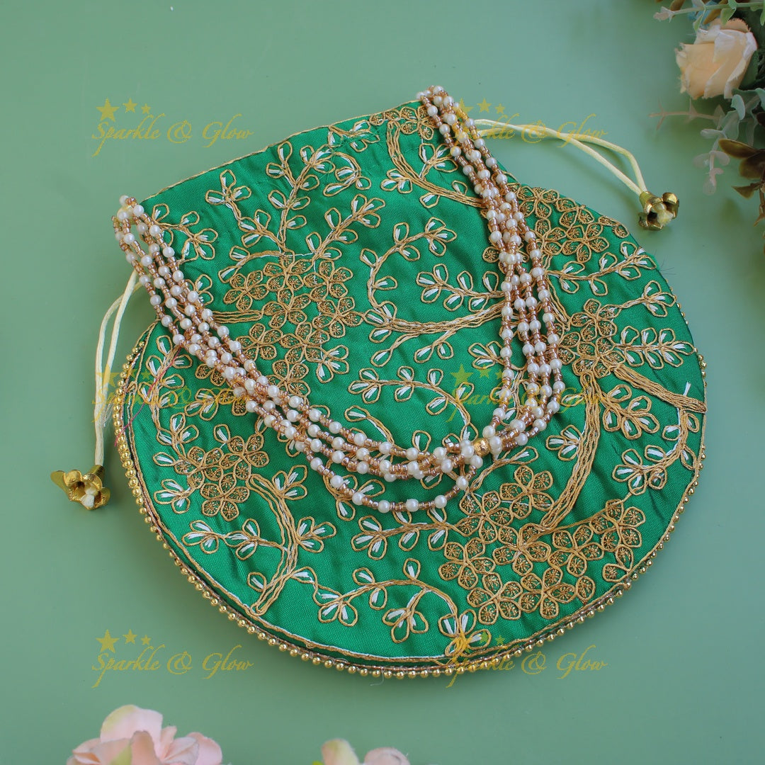 Two side gold and white Embroidered 8*8 inch potli bags with pearls