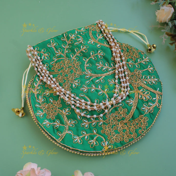 Two side gold and white Embroidered 8*8 inch potli bags with pearls