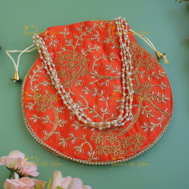 Two side gold and white Embroidered 8*8 inch potli bags with pearls