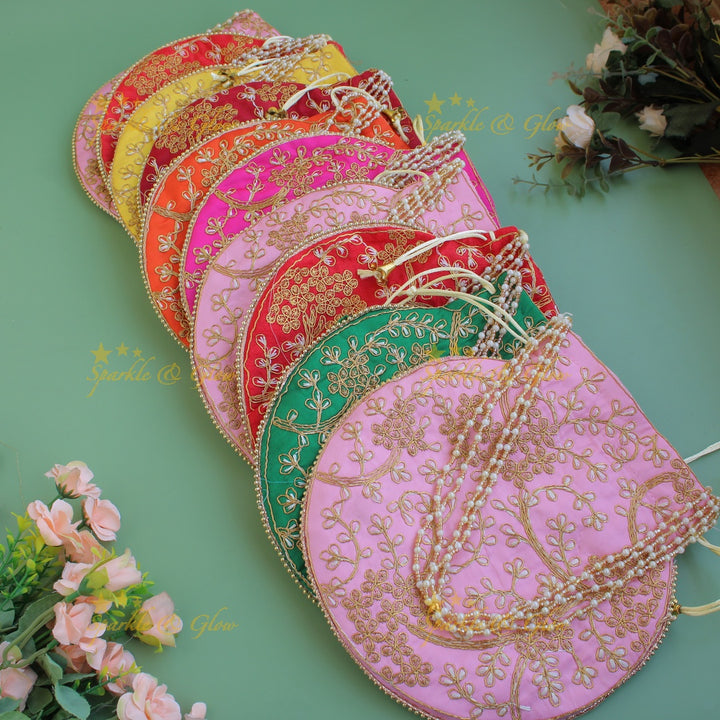 Two side gold and white Embroidered 8*8 inch potli bags with pearls