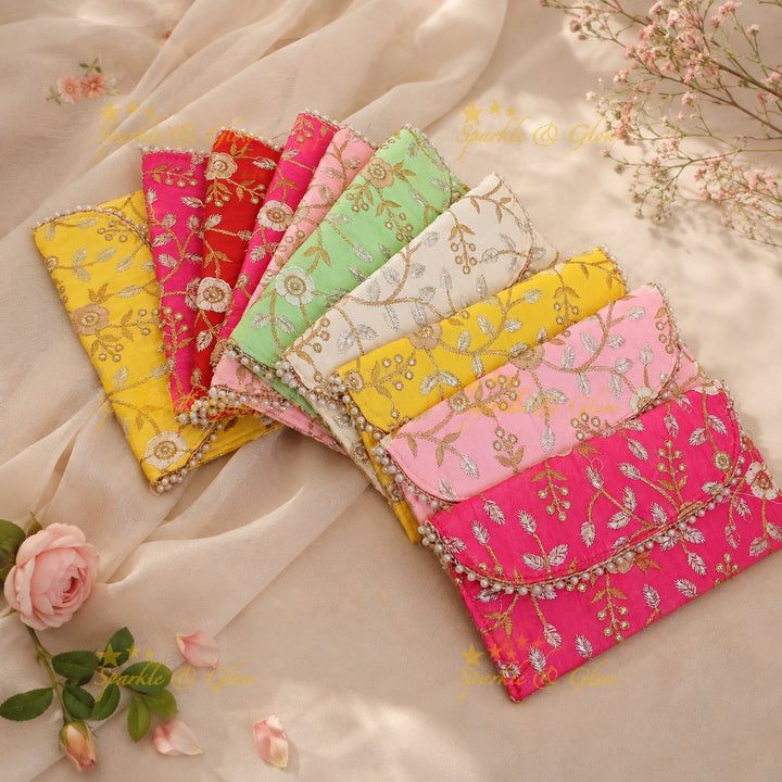 Embroidered Floral Clutch 9x5 - Gold & Silver Return Gifts- Set of 10pcs