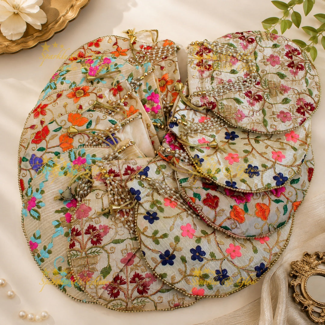 Floral Embroidered 8x8" Potli Bags with Pearls for Events- Set of 10pcs