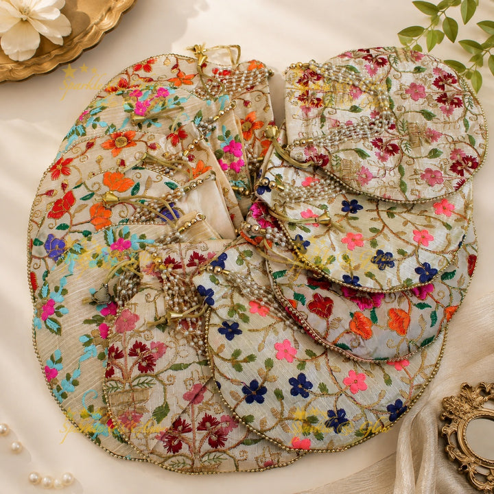 Floral Embroidered 8x8" Potli Bags with Pearls for Events- Set of 10pcs