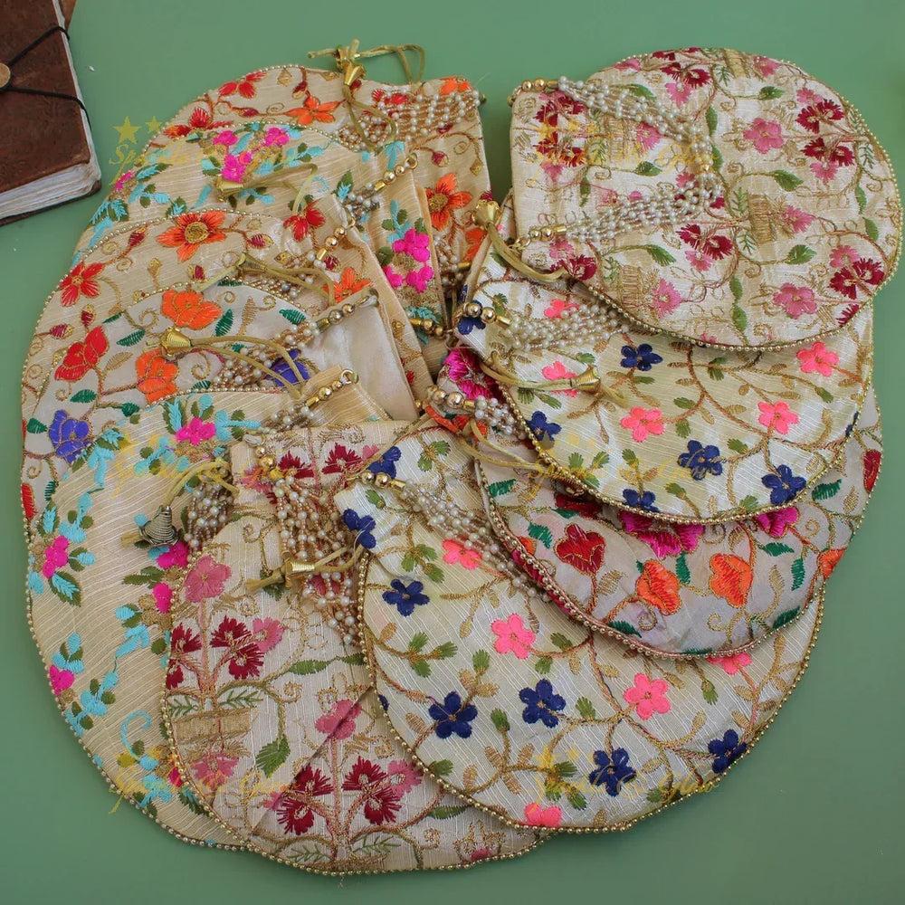 Two side floral Embroidered 8*8 inch potli bags with pearls - Sparkle and Glow