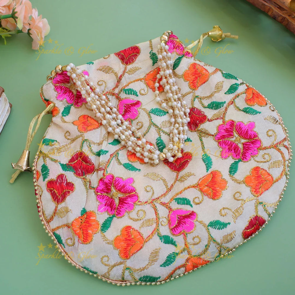 Two side floral Embroidered 8*8 inch potli bags with pearls - Sparkle and Glow