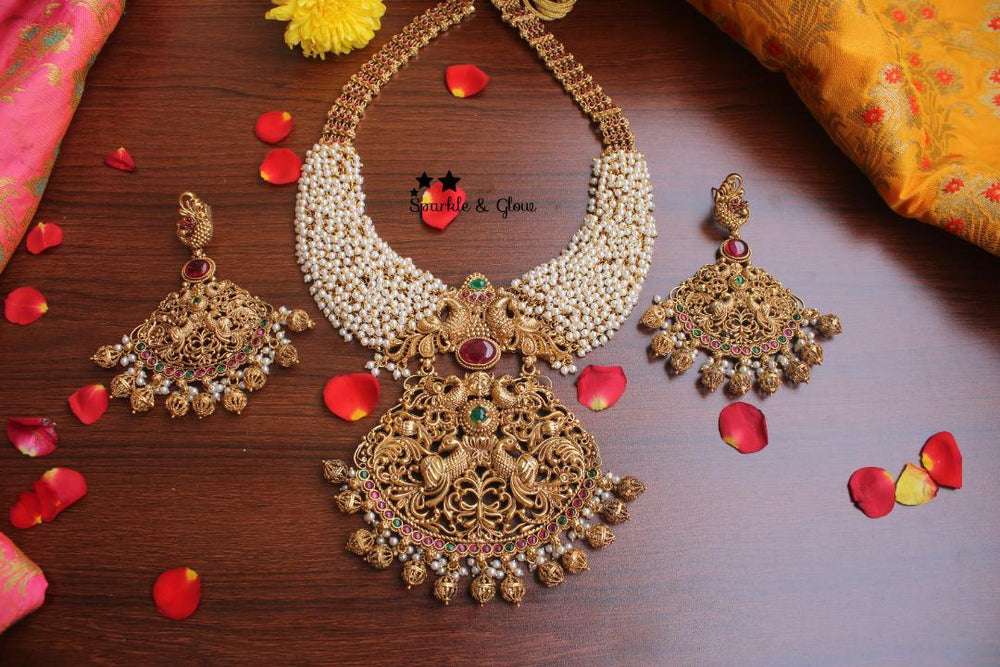 Gold alike polished cluster pearl beads statement peacock haram - Pearl Multi - Sparkle and Glow