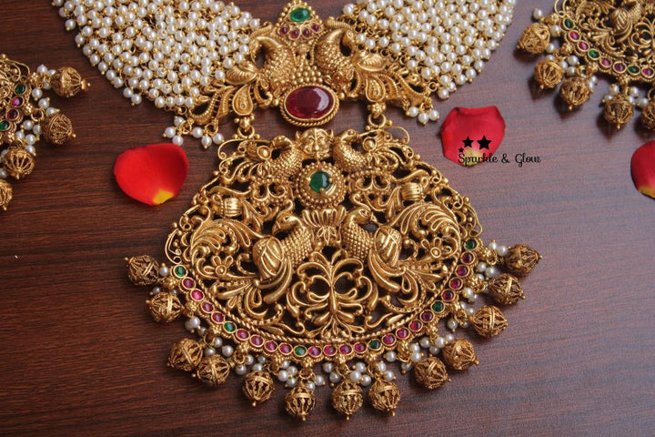 Gold alike polished cluster pearl beads statement peacock haram - Pearl Multi - Sparkle and Glow