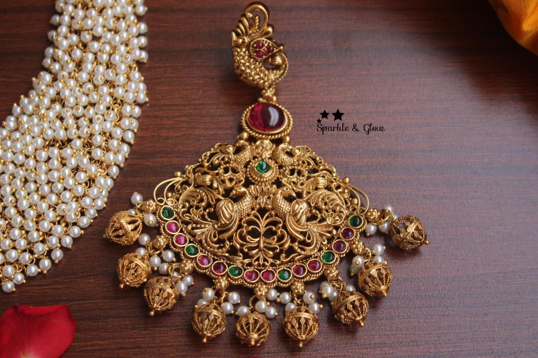 Gold alike polished cluster pearl beads statement peacock haram - Pearl Multi - Sparkle and Glow