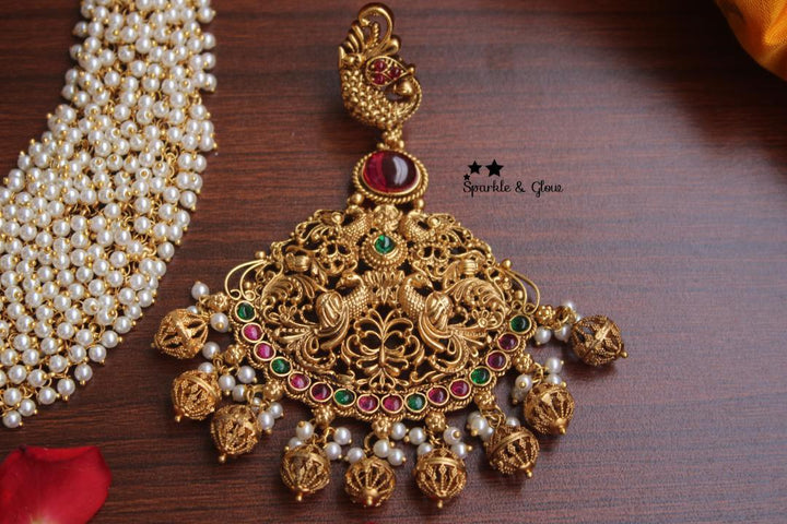 Gold alike polished cluster pearl beads statement peacock haram - Pearl Multi - Sparkle and Glow