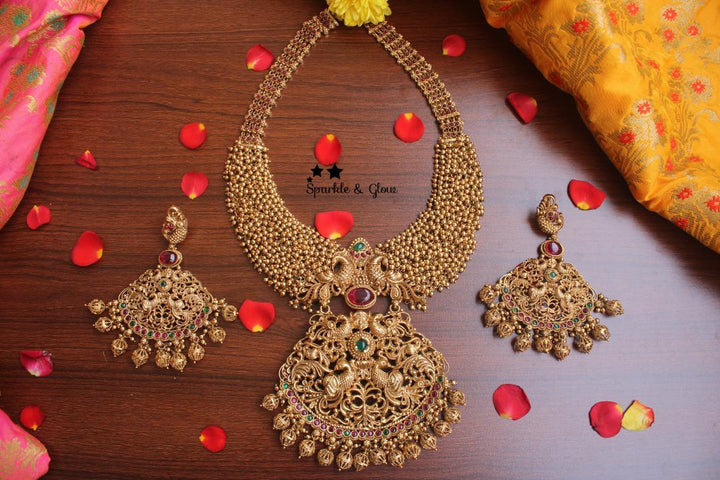 Gold alike polished cluster pearl beads statement peacock haram - Pearl Multi - Sparkle and Glow