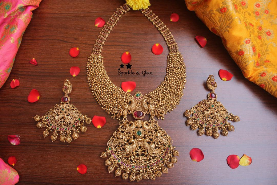 Gold alike polished cluster pearl beads statement peacock haram - Pearl Multi - Sparkle and Glow