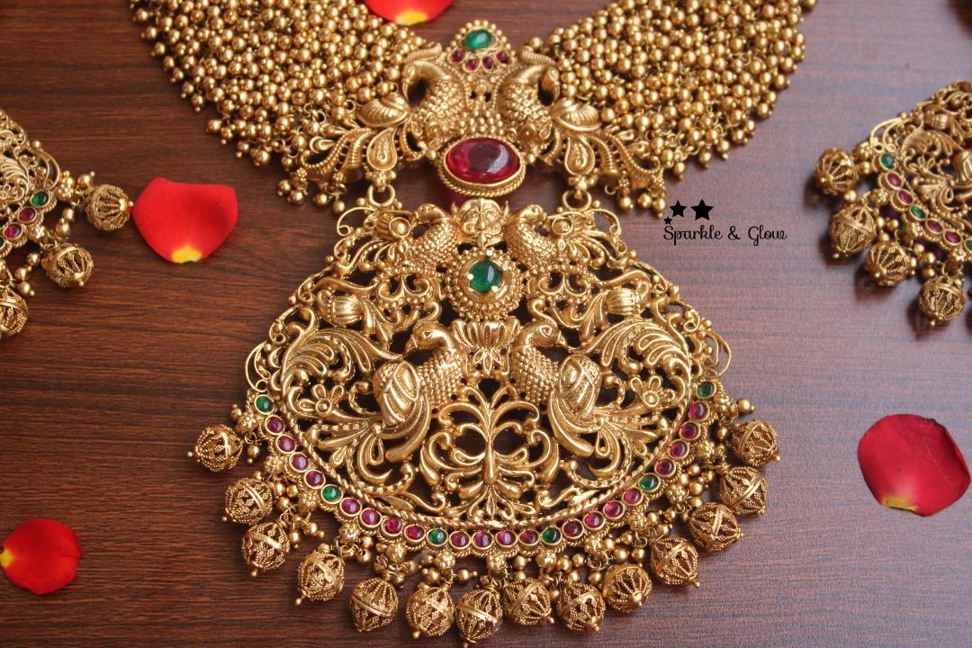 Gold alike polished cluster pearl beads statement peacock haram - Pearl Multi - Sparkle and Glow